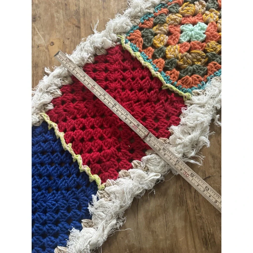 Handmade Crochet Knit Granny Square Red Blue Cream Table Runner Textile 40X13